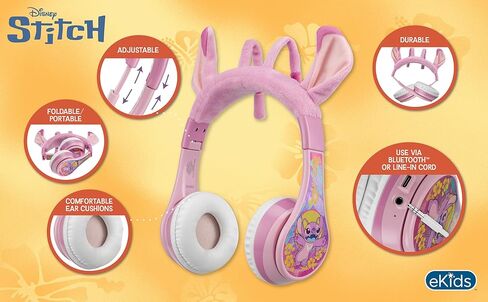 Disney Stitch Angel Bluetooth Headphones, Wireless Headphones with Microphone Includes Aux Cord, Volume Reduced Kids Foldable Headphones for School, Home, or Travel in Saudi Arabia