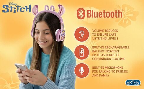 Disney Stitch Angel Bluetooth Headphones, Wireless Headphones with Microphone Includes Aux Cord, Volume Reduced Kids Foldable Headphones for School, Home, or Travel in Saudi Arabia