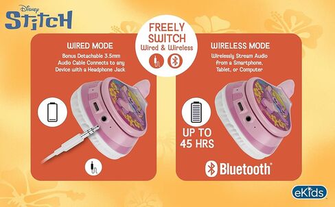Disney Stitch Angel Bluetooth Headphones, Wireless Headphones with Microphone Includes Aux Cord, Volume Reduced Kids Foldable Headphones for School, Home, or Travel in Saudi Arabia