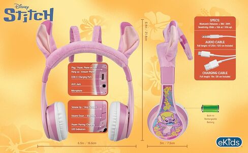 Disney Stitch Angel Bluetooth Headphones, Wireless Headphones with Microphone Includes Aux Cord, Volume Reduced Kids Foldable Headphones for School, Home, or Travel in Saudi Arabia