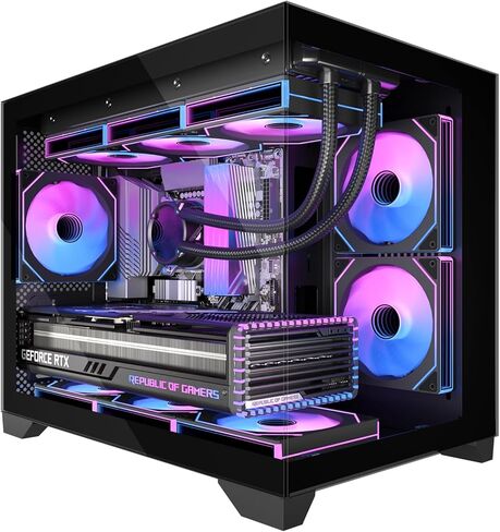 حافظة كمبيوتر ألعاب Micro-ATX مع زجاج مقسى بعرض 270 درجة، ومروحتين PWM ARGB مثبتتين مسبقًا وفلتر مغناطيسي، تدعم وحدة معالجة الرسومات مقاس 420 مم ومبرد AIO مقاس 360 مم، ومزود طاقة ATX قياسي in Kuwait
