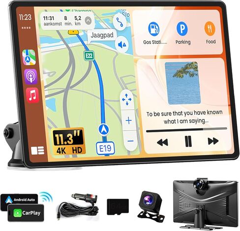 شاشة Apple Carplay المحمولة للسيارة، شاشة تشغيل لاسلكية كبيرة جدًا مقاس 11.3 بوصة وشاشة Android Auto للسيارة، ستيريو السيارة مع كاميرا داش 4K، عرض التطبيق، كاميرا احتياطية، نظام تحديد المواقع العالمي، وصلة مرآة، FM، التحكم الصوتي in Kuwait