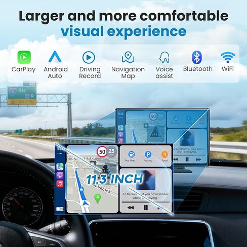 شاشة Apple Carplay المحمولة للسيارة، شاشة تشغيل لاسلكية كبيرة جدًا مقاس 11.3 بوصة وشاشة Android Auto للسيارة، ستيريو السيارة مع كاميرا داش 4K، عرض التطبيق، كاميرا احتياطية، نظام تحديد المواقع العالمي، وصلة مرآة، FM، التحكم الصوتي in Kuwait