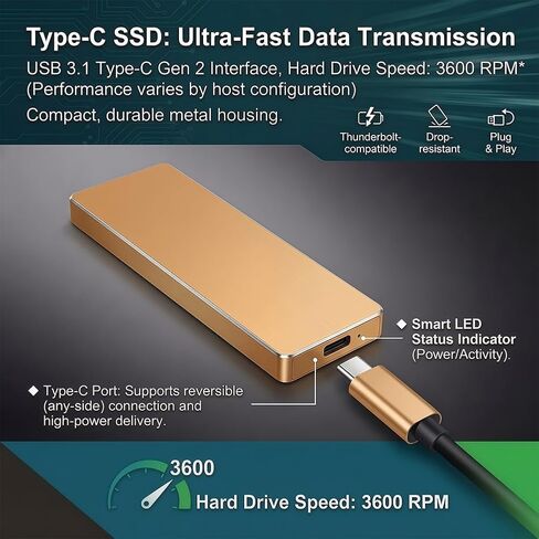 Portable Mobile Intelligent Backup Disk, 64 GB High Capacity External Storage for Photos Videos, USB 3.1 Type-C Interface Memory Extender, Golden in Saudi Arabia