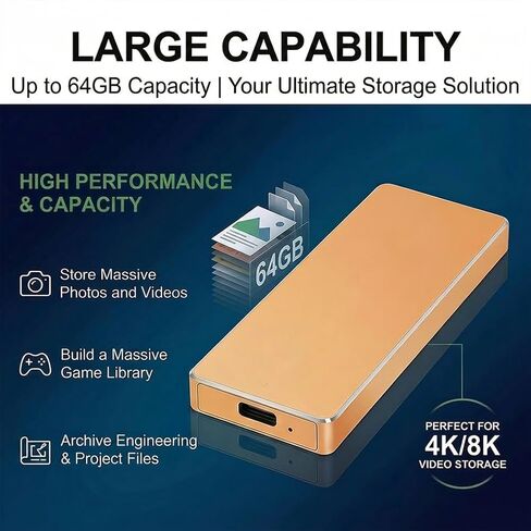 Portable Mobile Intelligent Backup Disk, 64 GB High Capacity External Storage for Photos Videos, USB 3.1 Type-C Interface Memory Extender, Golden in Saudi Arabia