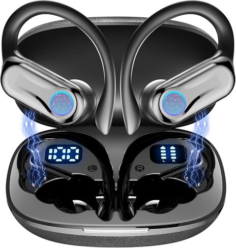 Wireless Earbuds, Sports Bluetooth 6.1 Earhooks Headphones, 90H Playtime LED Charging Case, ENC Noise Cancelling, 16.2mm Driver HiFi Stereo, IPX7 Waterproof Earphones for Running Workout Gym Black in Saudi Arabia