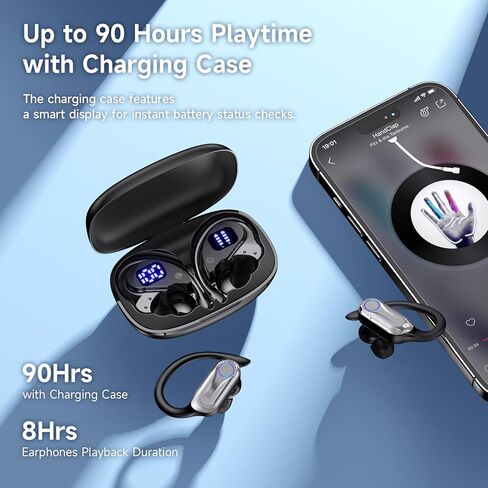 Wireless Earbuds, Sports Bluetooth 6.1 Earhooks Headphones, 90H Playtime LED Charging Case, ENC Noise Cancelling, 16.2mm Driver HiFi Stereo, IPX7 Waterproof Earphones for Running Workout Gym Black in Saudi Arabia