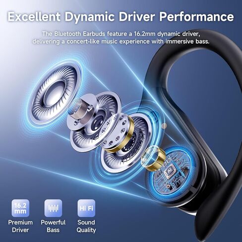 Wireless Earbuds, Sports Bluetooth 6.1 Earhooks Headphones, 90H Playtime LED Charging Case, ENC Noise Cancelling, 16.2mm Driver HiFi Stereo, IPX7 Waterproof Earphones for Running Workout Gym Black in Saudi Arabia