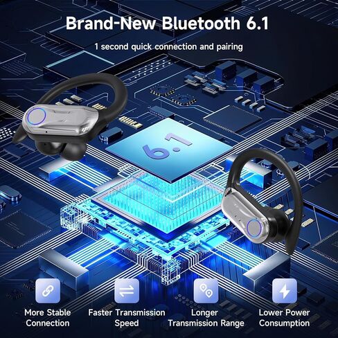 Wireless Earbuds, Sports Bluetooth 6.1 Earhooks Headphones, 90H Playtime LED Charging Case, ENC Noise Cancelling, 16.2mm Driver HiFi Stereo, IPX7 Waterproof Earphones for Running Workout Gym Black in Saudi Arabia