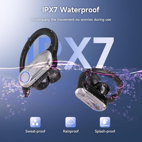 Wireless Earbuds, Sports Bluetooth 6.1 Earhooks Headphones, 90H Playtime LED Charging Case, ENC Noise Cancelling, 16.2mm Driver HiFi Stereo, IPX7 Waterproof Earphones for Running Workout Gym Black in Saudi Arabia