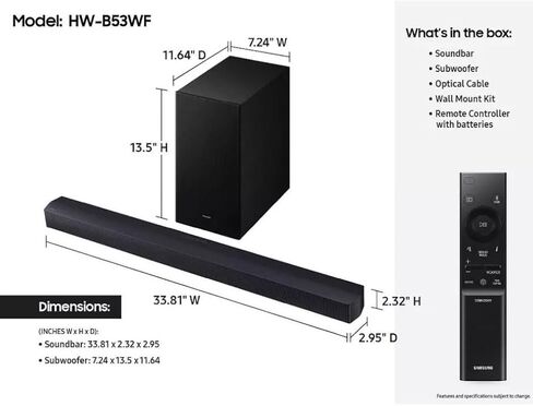 Samsung 2.1Ch DTS Virtual:X Soundbar w/Subwoofer: HDMI ARC, Bluetooth, Wall Mountable, Voice Enhance Mode, Game Mode, Night Mode, 360W, Wireless Surround Ready - HW-B53WF (Renewed) in Saudi Arabia