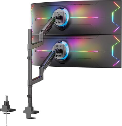 Mount-It! Dual Ultrawide Monitor Desk Mount for 17–49" Screens, Height-Adjustable Stacking Arms with Pole, Heavy Duty Gas Spring, Full Motion, VESA 75/100, Clamp or Grommet in Saudi Arabia