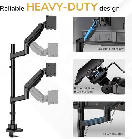 Mount-It! Dual Ultrawide Monitor Desk Mount for 17–49" Screens, Height-Adjustable Stacking Arms with Pole, Heavy Duty Gas Spring, Full Motion, VESA 75/100, Clamp or Grommet in Saudi Arabia