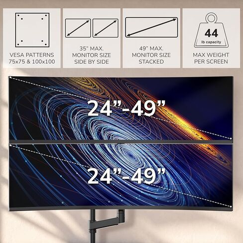 Mount-It! Dual Ultrawide Monitor Desk Mount for 17–49" Screens, Height-Adjustable Stacking Arms with Pole, Heavy Duty Gas Spring, Full Motion, VESA 75/100, Clamp or Grommet in Saudi Arabia