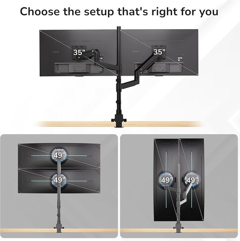 Mount-It! Dual Ultrawide Monitor Desk Mount for 17–49" Screens, Height-Adjustable Stacking Arms with Pole, Heavy Duty Gas Spring, Full Motion, VESA 75/100, Clamp or Grommet in Saudi Arabia