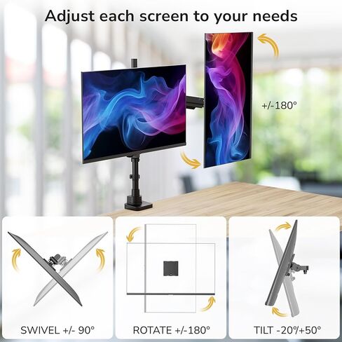 Mount-It! Dual Ultrawide Monitor Desk Mount for 17–49" Screens, Height-Adjustable Stacking Arms with Pole, Heavy Duty Gas Spring, Full Motion, VESA 75/100, Clamp or Grommet in Saudi Arabia