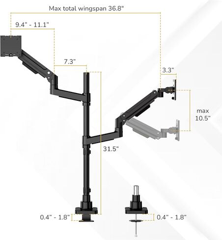 Mount-It! Dual Ultrawide Monitor Desk Mount for 17–49" Screens, Height-Adjustable Stacking Arms with Pole, Heavy Duty Gas Spring, Full Motion, VESA 75/100, Clamp or Grommet in Saudi Arabia