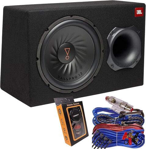 JBL SUBBP12AM - مضخم صوت يعمل بالطاقة مقاس 12 بوصة مع مضخم صوت مدمج، ذروة 450 وات + مجموعة أدوات الأسلاك - مثالية لأنظمة صوت السيارة (BassPro12) in Kuwait