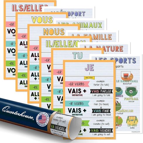 Quarterhouse French Verbs & Beginner Vocabulary (Set C) Poster Set, French Classroom Learning Materials for K-12 Students and Teachers, Set of 11, 12 x 18 Inches, Extra Durable in Saudi Arabia