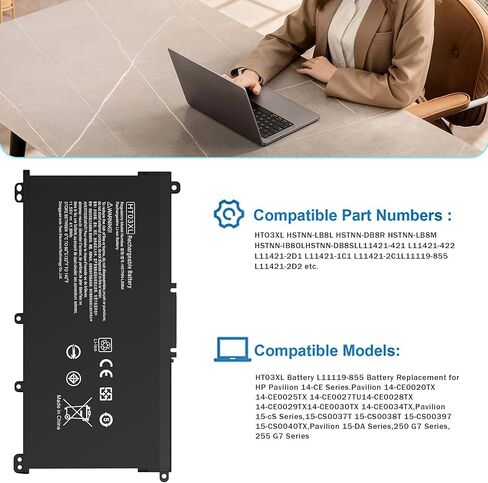 استبدال البطارية لـ HP HT03XL L11119-855 Pavilion 15 15-DA 15-DB 15-CS 15-DW 15-DY 17-by 17-CA 14-CE 14-CF 14-DF Series 15-CW1XXX 15-DB0004DX 15-DA0014DX HSTNN-UB7J HSTNN-DB8R HT03041XL in Kuwait