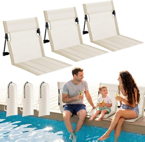 3 Pack Portable Poolside Chairs, Foldable Beach Chairs for Adults, Lightweight Legless Ground Seat with Carry Bag, Small Beach Chair for Edge of Pool, Lawn, Travel, Camping (Beige) in Saudi Arabia