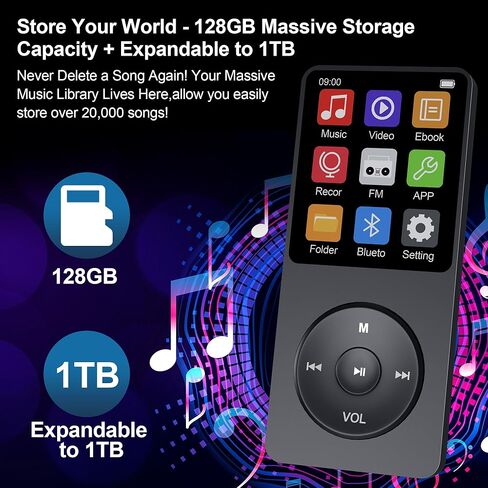 128GB MP3 Player with Bluetooth 5.3, Ninsiden 1.8-Inch Music Play Built-in HiFi Speaker,Portable MP4/MP3 Player for Kids with Music,Video,FM Radio, E-Book Reader, Voice Record, Photo Viewer, Black in Saudi Arabia