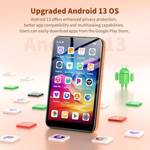 Android 13 MP3 Player with Bluetooth and WiFi, MP3 MP4 Player with 4" Touchscreen and Speaker, 4GB RAM & 32GB ROM, Spotify Music Player with Audible, Amazon Music, Play Store (Orange) in Saudi Arabia