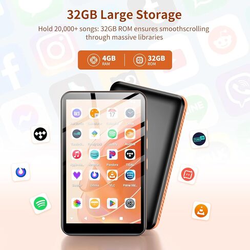 Android 13 MP3 Player with Bluetooth and WiFi, MP3 MP4 Player with 4" Touchscreen and Speaker, 4GB RAM & 32GB ROM, Spotify Music Player with Audible, Amazon Music, Play Store (Orange) in Saudi Arabia