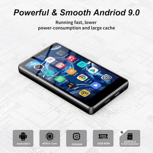 مشغل MP3 SWOFY مزود بتقنية Bluetooth وWiFi، M503pro 80GB Android 9 OS، شاشة لمس 4 بوصة، مشغل موسيقى وفيديو Spotify، مكبر صوت مدمج، راديو FM، مشغل MP4 للأطفال in Kuwait