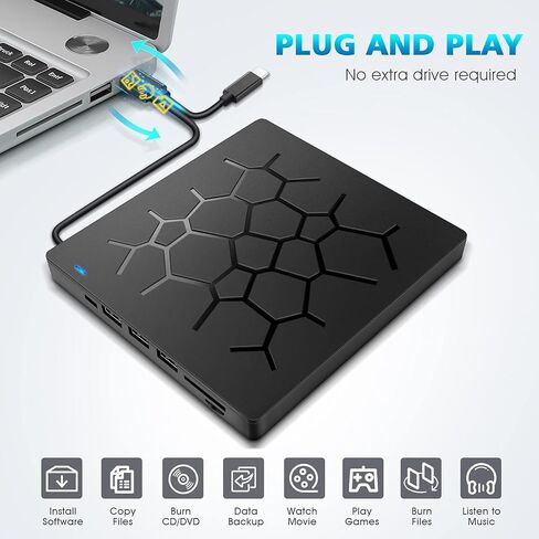 External DVD Drive, USB 3.0 CD DVD Burner for Laptop, Type-C CD/DVD ROM +/-RW Optical Disk Drive with 4 USB Ports and 2 SD Card Slots, Ultra Slim, for Mac, PC Windows 10/8/7 Linux OS in Saudi Arabia