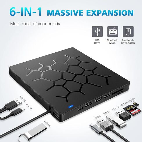 External DVD Drive, USB 3.0 CD DVD Burner for Laptop, Type-C CD/DVD ROM +/-RW Optical Disk Drive with 4 USB Ports and 2 SD Card Slots, Ultra Slim, for Mac, PC Windows 10/8/7 Linux OS in Saudi Arabia