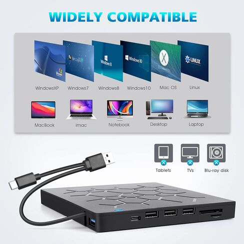 External DVD Drive, USB 3.0 CD DVD Burner for Laptop, Type-C CD/DVD ROM +/-RW Optical Disk Drive with 4 USB Ports and 2 SD Card Slots, Ultra Slim, for Mac, PC Windows 10/8/7 Linux OS in Saudi Arabia