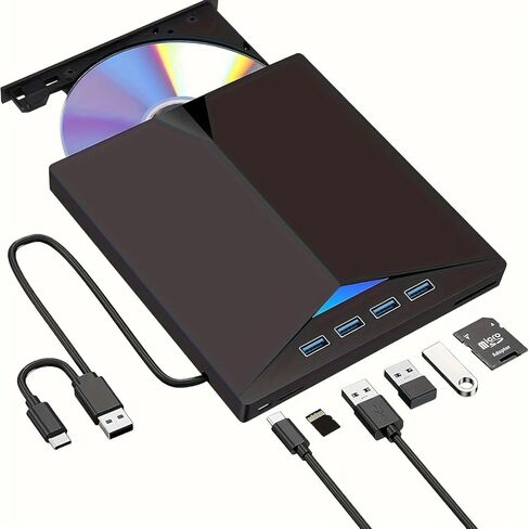 Portable External CD/DVD Drive, USB 3.0 Type C | 24X CD, 8X DVD +/-RW Burner | Compatible with Laptop, Desktop, Windows, Linux, MacOS (Black) in Saudi Arabia