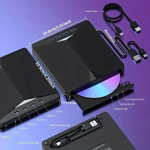 Portable External CD/DVD Drive, USB 3.0 Type C | 24X CD, 8X DVD +/-RW Burner | Compatible with Laptop, Desktop, Windows, Linux, MacOS (Black) in Saudi Arabia