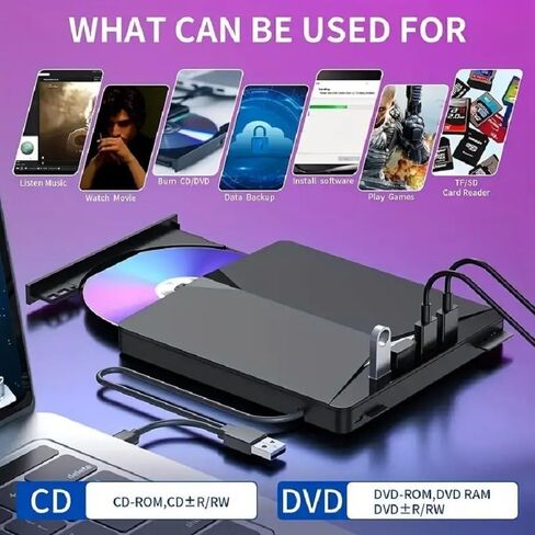Portable External CD/DVD Drive, USB 3.0 Type C | 24X CD, 8X DVD +/-RW Burner | Compatible with Laptop, Desktop, Windows, Linux, MacOS (Black) in Saudi Arabia