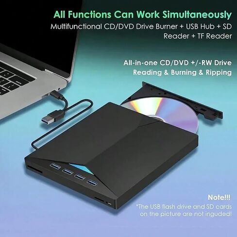 Portable External CD/DVD Drive, USB 3.0 Type C | 24X CD, 8X DVD +/-RW Burner | Compatible with Laptop, Desktop, Windows, Linux, MacOS (Black) in Saudi Arabia