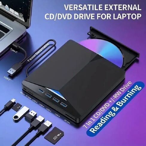 Portable External CD/DVD Drive, USB 3.0 Type C | 24X CD, 8X DVD +/-RW Burner | Compatible with Laptop, Desktop, Windows, Linux, MacOS (Black) in Saudi Arabia
