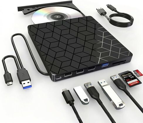 محرك أقراص DVD خارجي، 7 في 1 USB 3.0 فائق النحافة، محرك أقراص ضوئي مع 4 منافذ USB وفتحة بطاقة SD/TF 2* لأجهزة الكمبيوتر المحمول Mac، وأجهزة الكمبيوتر الشخصي التي تعمل بنظام التشغيل Windows 11/10/8/7 Linux OS in Saudi Arabia