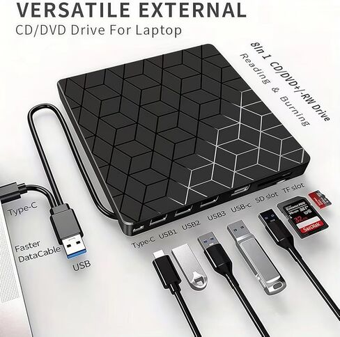 محرك أقراص DVD خارجي، 7 في 1 USB 3.0 فائق النحافة، محرك أقراص ضوئي مع 4 منافذ USB وفتحة بطاقة SD/TF 2* لأجهزة الكمبيوتر المحمول Mac، وأجهزة الكمبيوتر الشخصي التي تعمل بنظام التشغيل Windows 11/10/8/7 Linux OS in Saudi Arabia