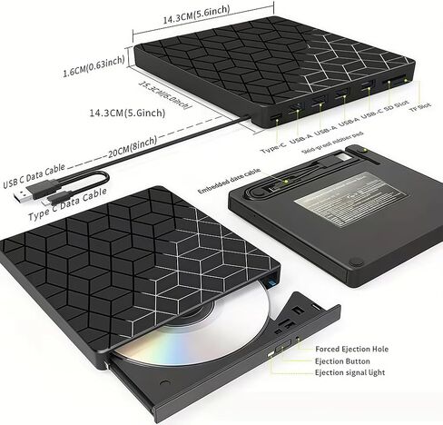 محرك أقراص DVD خارجي، 7 في 1 USB 3.0 فائق النحافة، محرك أقراص ضوئي مع 4 منافذ USB وفتحة بطاقة SD/TF 2* لأجهزة الكمبيوتر المحمول Mac، وأجهزة الكمبيوتر الشخصي التي تعمل بنظام التشغيل Windows 11/10/8/7 Linux OS in Saudi Arabia