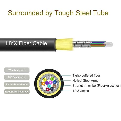Single Mode Fiber ST to ST 30M/100FT,TPU Outdoor Fiber Optic Cable Simplex OS2 9/125um Armored Fiber Patch Cable OD-6mm,UPC 12 Core Fiber Optic Internet Cable in Saudi Arabia