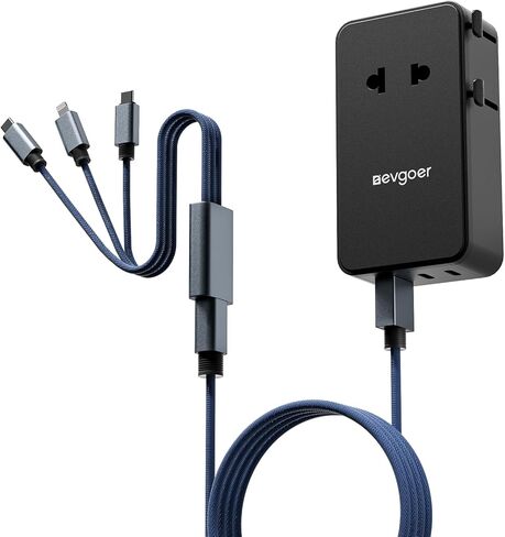 محول سفر عالمي مع كابل شحن 3 في 1، محول طاقة دولي مع مخرج تيار متردد، 1 منفذ USB-A ومنفذين USB-C، يعمل في أكثر من 150 دولة (الولايات المتحدة/الاتحاد الأوروبي/المملكة المتحدة/الاتحاد الأفريقي)، وليس محول جهد كهربائي in Kuwait
