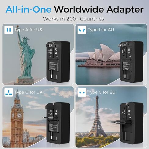 محول سفر عالمي مع كابل شحن 3 في 1، محول طاقة دولي مع مخرج تيار متردد، 1 منفذ USB-A ومنفذين USB-C، يعمل في أكثر من 150 دولة (الولايات المتحدة/الاتحاد الأوروبي/المملكة المتحدة/الاتحاد الأفريقي)، وليس محول جهد كهربائي in Kuwait
