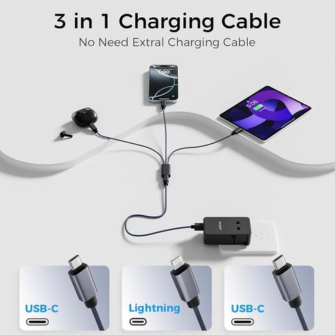 محول سفر عالمي مع كابل شحن 3 في 1، محول طاقة دولي مع مخرج تيار متردد، 1 منفذ USB-A ومنفذين USB-C، يعمل في أكثر من 150 دولة (الولايات المتحدة/الاتحاد الأوروبي/المملكة المتحدة/الاتحاد الأفريقي)، وليس محول جهد كهربائي in Kuwait