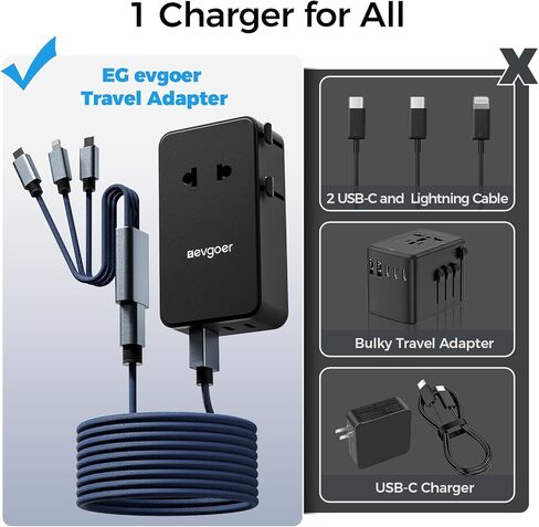 محول سفر عالمي مع كابل شحن 3 في 1، محول طاقة دولي مع مخرج تيار متردد، 1 منفذ USB-A ومنفذين USB-C، يعمل في أكثر من 150 دولة (الولايات المتحدة/الاتحاد الأوروبي/المملكة المتحدة/الاتحاد الأفريقي)، وليس محول جهد كهربائي in Kuwait