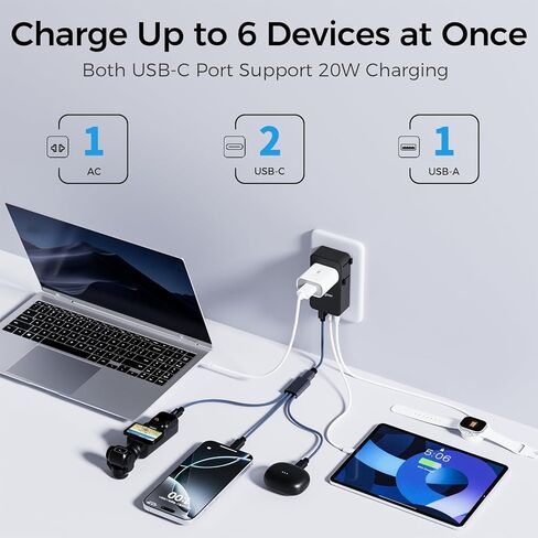 محول سفر عالمي مع كابل شحن 3 في 1، محول طاقة دولي مع مخرج تيار متردد، 1 منفذ USB-A ومنفذين USB-C، يعمل في أكثر من 150 دولة (الولايات المتحدة/الاتحاد الأوروبي/المملكة المتحدة/الاتحاد الأفريقي)، وليس محول جهد كهربائي in Kuwait