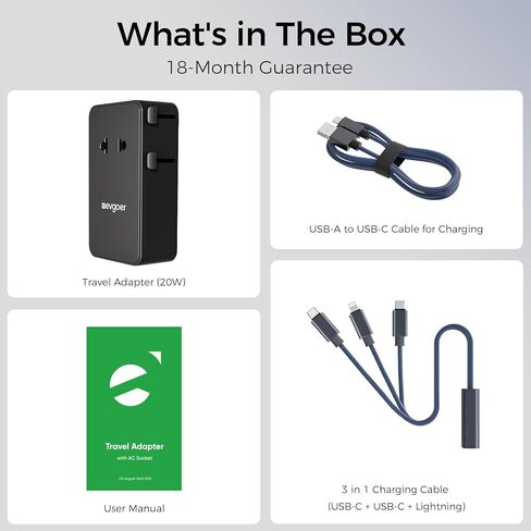محول سفر عالمي مع كابل شحن 3 في 1، محول طاقة دولي مع مخرج تيار متردد، 1 منفذ USB-A ومنفذين USB-C، يعمل في أكثر من 150 دولة (الولايات المتحدة/الاتحاد الأوروبي/المملكة المتحدة/الاتحاد الأفريقي)، وليس محول جهد كهربائي in Kuwait