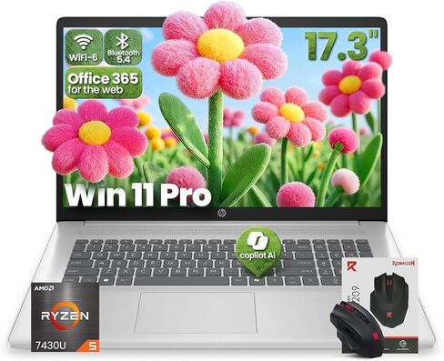 HP 17 inch laptops, AMD Ryzen 5 7430U(Beats i7-1255U), 64GB RAM 2TB SSD, Windows 11 Pro, 17.3" FHD IPS 300Nits Display, Copilot AI, HDMI, Wi-Fi 6 & Bluetooth 5.4, Accessory kit in Saudi Arabia