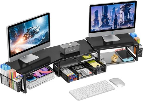 Simple Trending Desk Organizers and Accessories, Dual Monitor Stand Riser with Drawer and 2 Pen Holder, Shelf for Top of Desk, Black in Kuwait