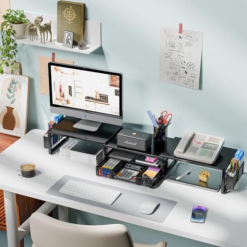 Simple Trending Desk Organizers and Accessories, Dual Monitor Stand Riser with Drawer and 2 Pen Holder, Shelf for Top of Desk, Black in Kuwait